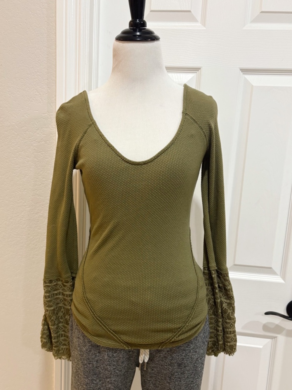 Free People Olive Green Thermal Long Sleeve Scoop Neck Top Lace Embroidered Boho